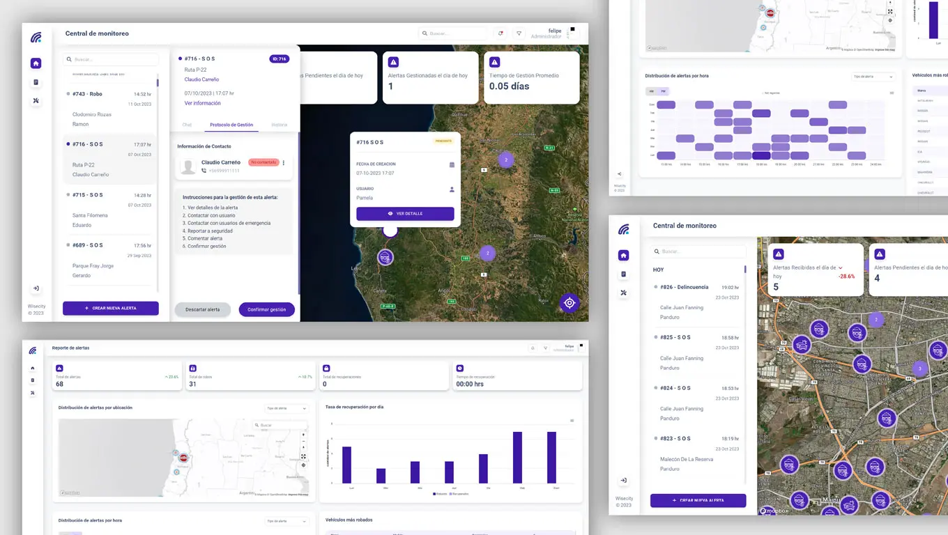 Captura real de la central de Wisecity con mapa y gestión de reportes