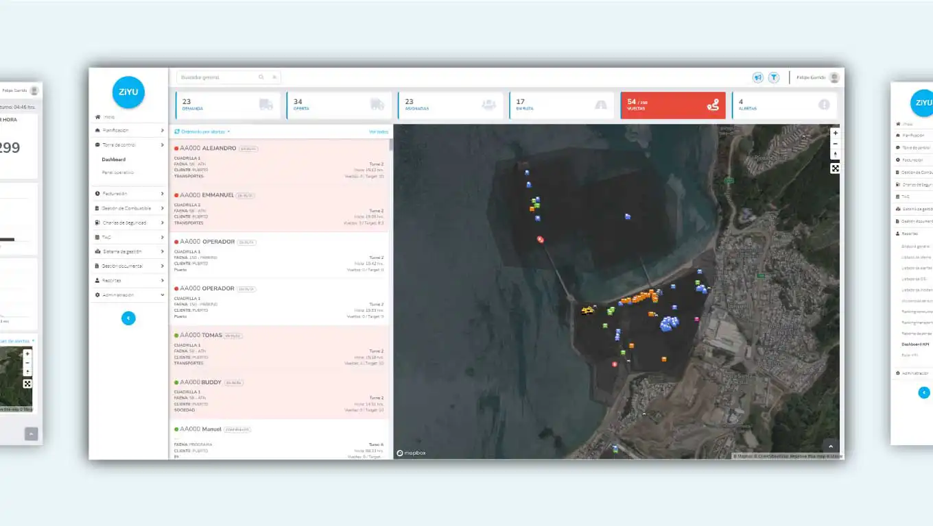 Captura real de ZiYU: Torre de Control con mapa y seguimiento de vehículos
